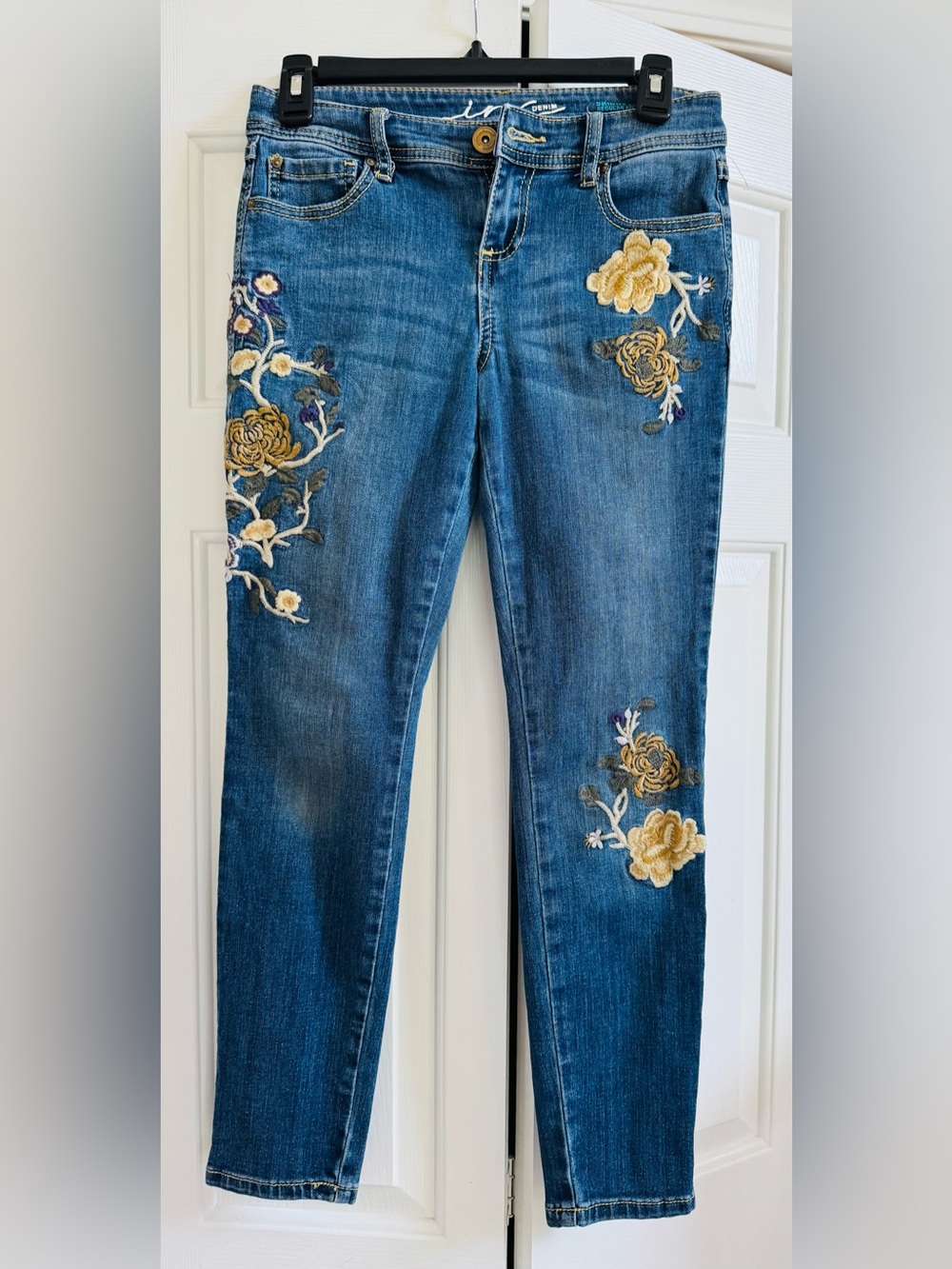 Inc Denim Blue Skinny Jeans with Yellow Floral Embroidery